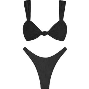 ZAFUL 2025 Cheeky Bikini Sets for Women High Cut Swimsuit Textured Ribbed Bikini Thong Bathing Suit (Small, Black)
