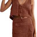 Saodimallsu Womens Crochet Swim Cover Up 2 Piece V Neck Sleeveless Front Tie Crop Tops Beach Mini Skirt Coverup Set