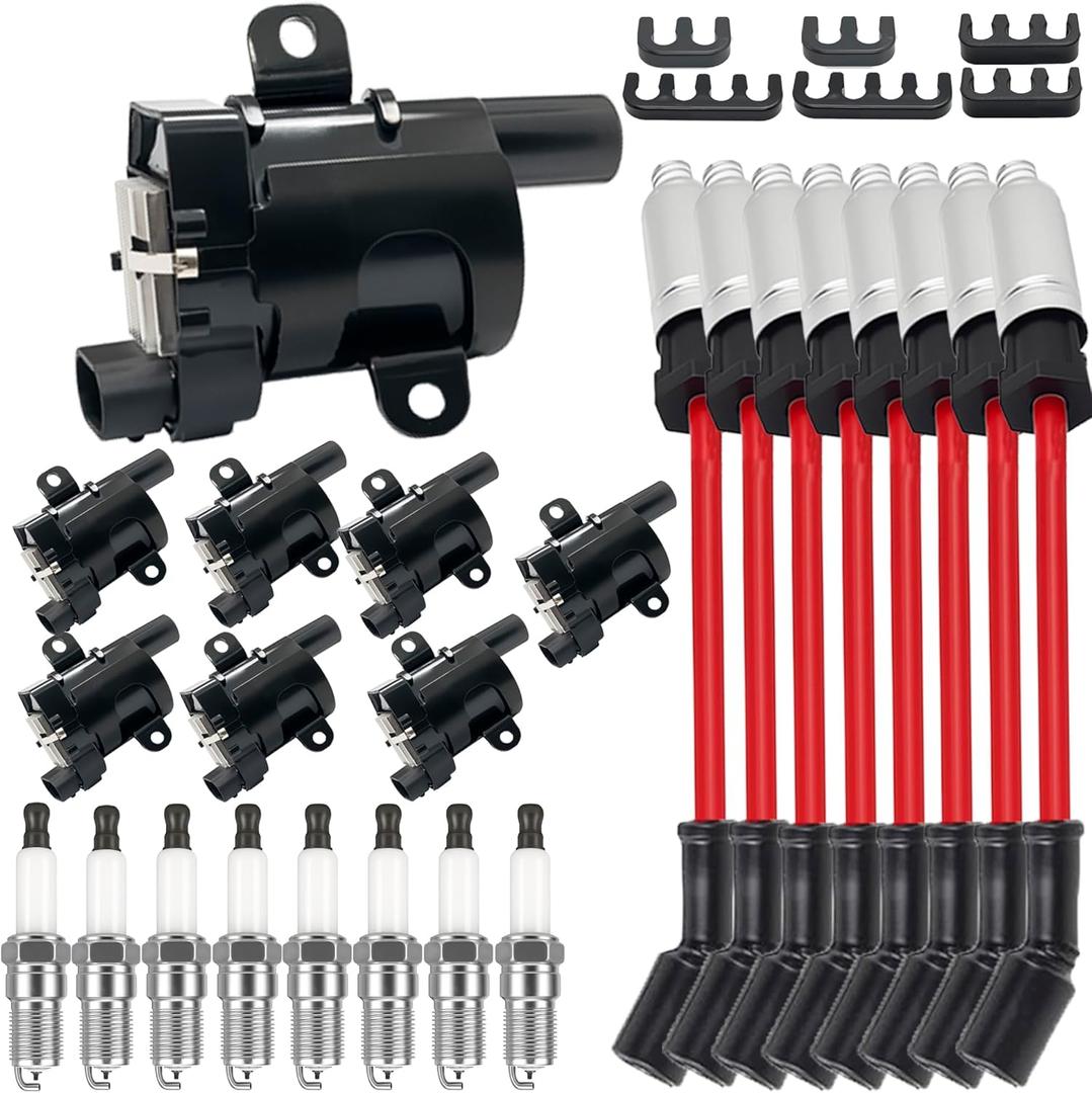UF262 Ignition Coils Pack & 41962 Double Iridium Spark Plugs & 10MM Spark Plug Wires for Chevy Avalanche Express Tahoe Silverado Suburban 1500 HD GMC Savana Sierra Yukon HUMMER H2 OEM# D585 C1251