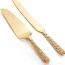 Dicunoy 2 PCS Gold Cake Knife and Server Set, Wedding Cake Cutting Utensils, Vintage Engraved Cake Cutter and Serving Spatula for Birthday,Anniversary, Vibrant Gold
