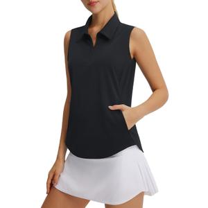 baleaf Women's Golf Shirts Sleeveless Pockets Tennis Tops Workout Athletic Polo V Neck Collared UPF, Medium