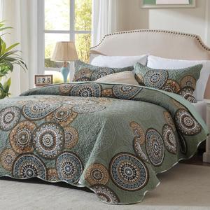 LEAONME 3-Piece Full Queen Size Olive Green Quilt Set Lightweight Oversized Bedspread 90''x98'' Soft Microfiber Floral Coverlet Luxurious Warm Bed Cover for All Seasons (1 Quilt, 2 Pillow Shams)