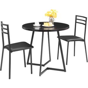 VECELO Small Round Dining Table Set for 2, Heavy-Duty Metal Frame & Upholstered Chair for Breakfast Nook, Kitchen, and Small Space, Black