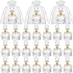 24 Sets Holy Water Bottles Catholic Bulk Baptism Favors for Guests 50ml Holy Catholic Christian Glass Bottles with Gold Cross for Holy Communion Gifts Church Wedding Baptism Favors (White)