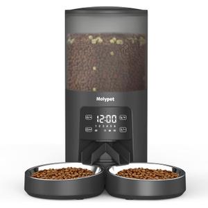 Automatic Cat Feeders for 2 Cats - 6L Food Dispenser with Double Bowls, Programmable Timed Feeder up to 6 Meals per Day with 10S Voice Recorder, Support Dual Power Supply (Black)