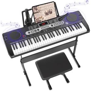 Fujampe Electric Keyboard Piano W/Lighted Keys, Keyboard Stand, Piano Bench, Microphone, Headphones, Note Stickers, Music Stand, Portable Electronic 61 Key Piano Keyboard for Beginners