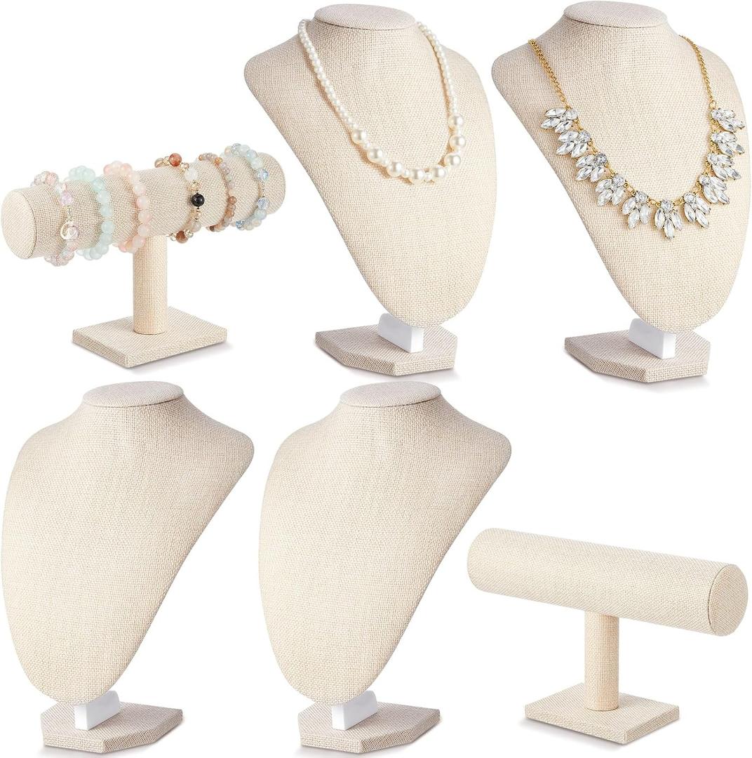 Huquary 6 Pcs Jewelry Display Set Necklace Display Stand T Bar Bracelet Holder Jewelry Bust for Home Store Trade Show(Linen)
