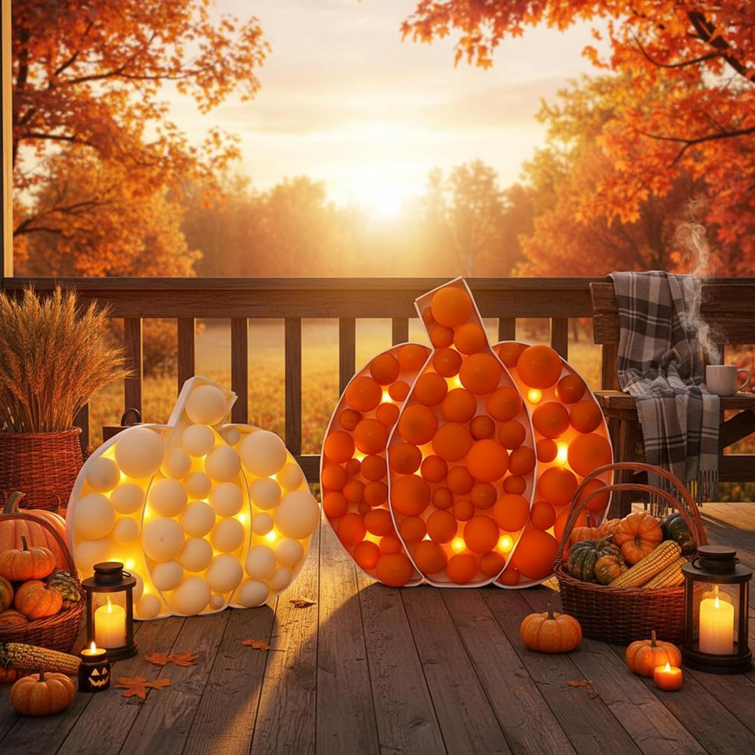 Burbell 2 Set Thanksgiving Large Pumpkin Decoration Marquee Light up Fall Pumpkin Mosaic Balloon Frame 3ft and 2ft Marquee Frame Pre-Cut Cardboard Light for Halloween Thanksgiving Home Indoor Outdoor