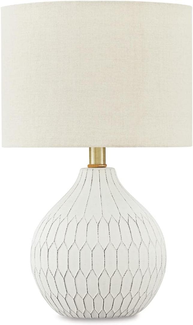 Signature Design by Ashley Wardmont Contemporary Modern Table Lamp with Drum Hardback Fabric Shade, On-Off Switch, Ceramic, 17.75" High, Antique White