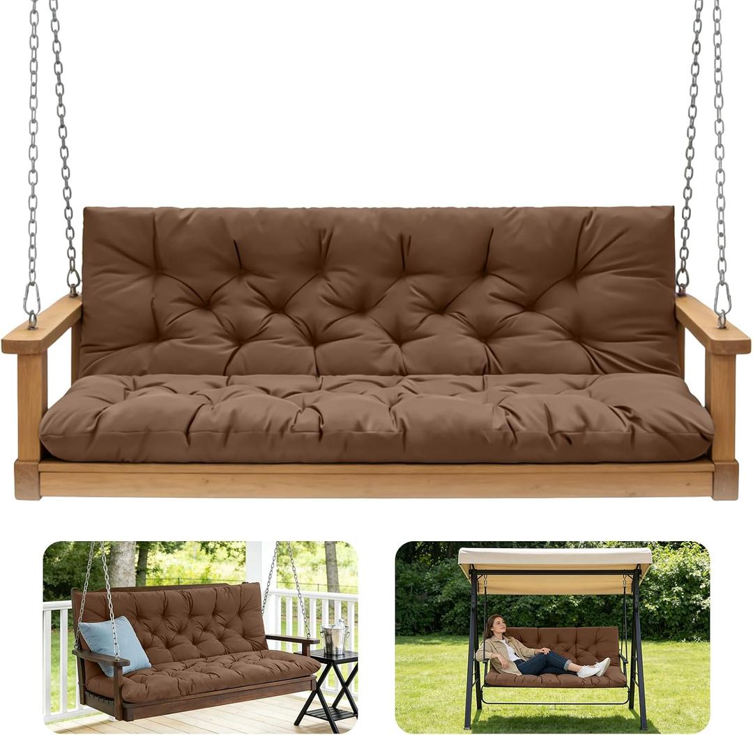 Porch Swing Cushions,Outdoor Cushions 3 Seater Replacement with Backrest, Waterproof Thickened Bench Cushion with Ties for Porch, Patio,Outdoor, Backyard and Garden(Coffee 60 * 40 in)