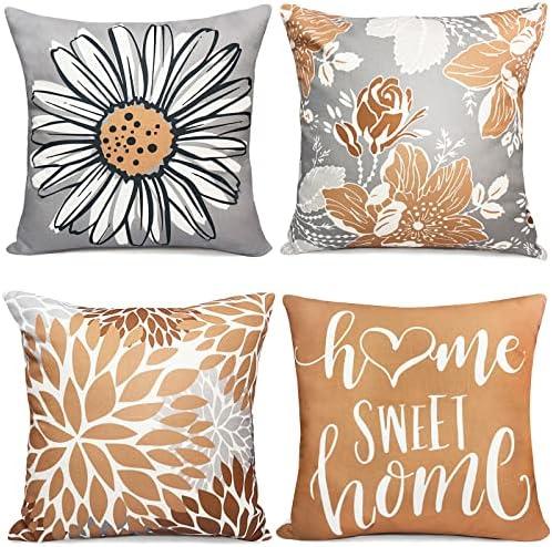 RYSMIYOU Decorative Throw Pillow Covers Set of 4 Coffee Pillow Covers 18x18 inch Fall Throw Pillow Cover Linen Square Pillowcases Cushion Cover,Boho Pillow Covers for Couch Sofa Farmhouse Home