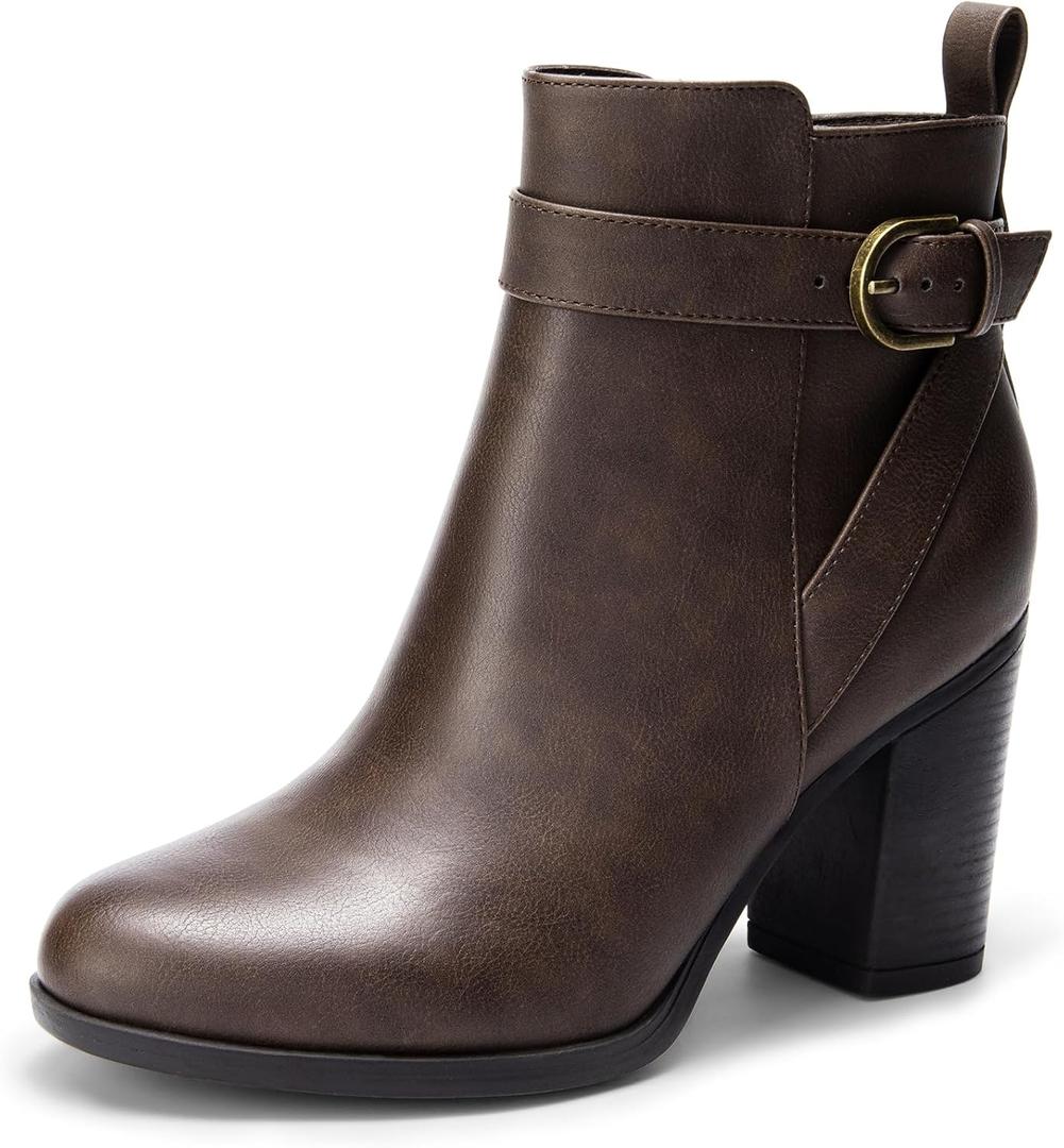 DREAM PAIRS Women's Chunky High Heel Ankle Boots Round Toe Fall Short Booties Shoes (6, Brown-pu)