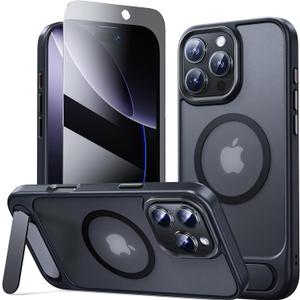 JJL Magnetic for iPhone 16 Pro Max Case, [Built-in Invisible Kickstand] [Compatible with MagSafe] Slim Translucent Matte Phone Cover, Black