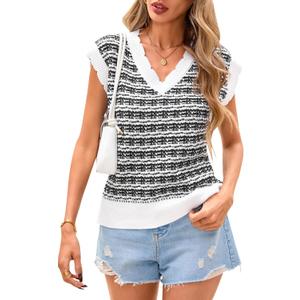 CFLONGE Vests for Women 2025 Trendy Sleeveless Striped Sweater Vest Crochet Knit Cropped Work Tank Top Outfits Y2K Clothes (XL, Black White)