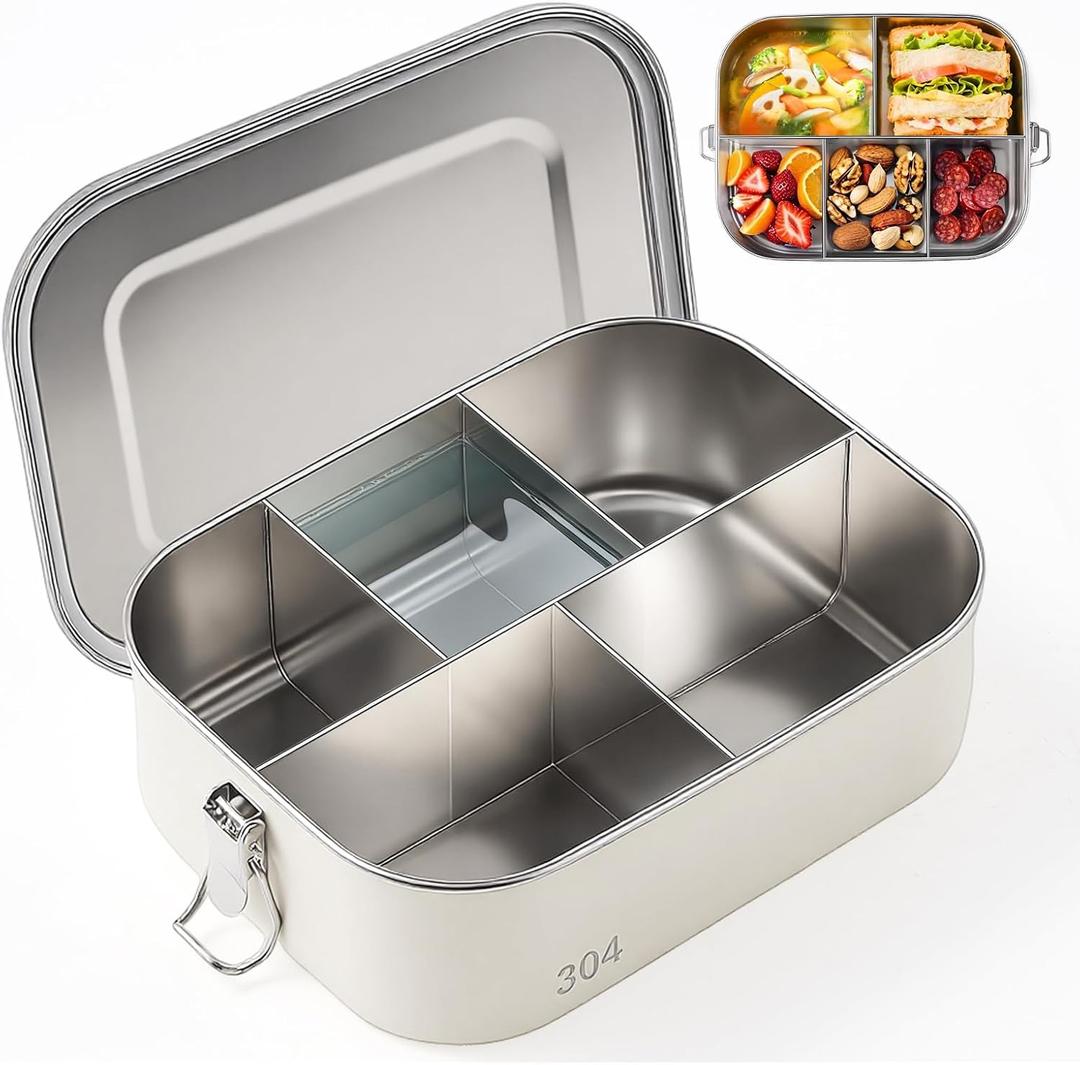 Leakproof Stainless Steel Bento Box (1600ml/54oz) with 5 Sealed Compartments, Metal Lunch Container for Women Adult, Metal Food Storage Lunch box for Work, Travel