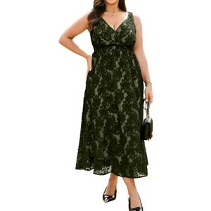RWJ Women's Plus Size Wedding Guest Dress 2026 Floral Lace Wrap V Neck Sleeveless Formal Cocktail Party Maxi Dresses Sexy Elegant Evening Prom Summer Smocked Olive Green 3X-Large
