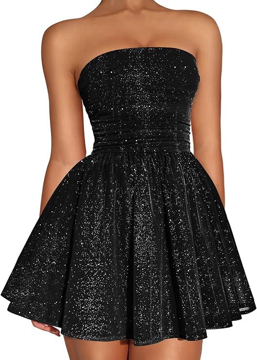 DAAWENXI Women's Sexy Strapless Mini Dress Sequin Ruched Bow Graduation Party Prom Short Dresses M