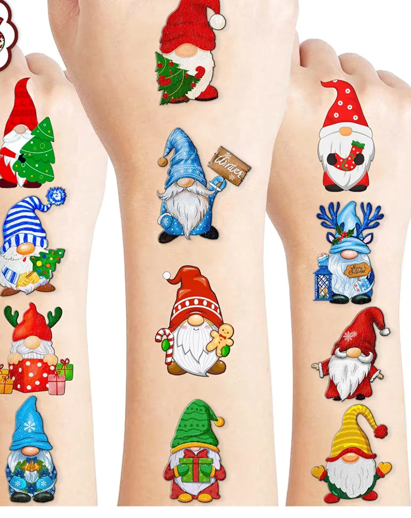 110 PCS Gnome Christmas Temporary Tattoos Themed Birthday Party Decorations Favors Supplies Decor Gnomes Garden Colorful Xmas Winter Tattoo Stickers Gifts For Game Boys Girls Classroom School Prizes