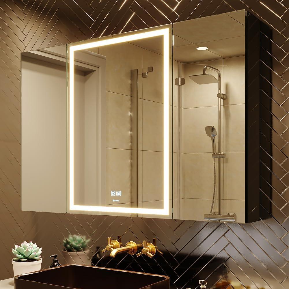 LED Lighted Bathroom Medicine Mirror Cabinet with Sockets & USBs, Anti-Fog Dimmable Light and Color Adjustment, Antirust and Easy to Install Aluminum Cabinet (Touch Screen, 28" L x 40" W) (3 Doors)