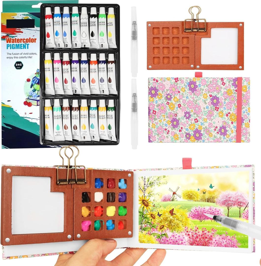Mini Watercolor Paint Set, Watercolor Kit, Mini Watercolor Travel Set with Wooden 15-Grid Palette, 24 Colors Paint, 2 Brushes, Copper Clip & Sketchbook for Travel Painting (Pink)