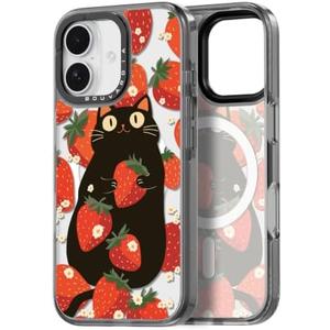 Bouvardia for iPhone 16 Case (Cat & Strawberries) | Compatible with Magsafe, Cute Girly Design for Women, Shockproof & Aesthetic