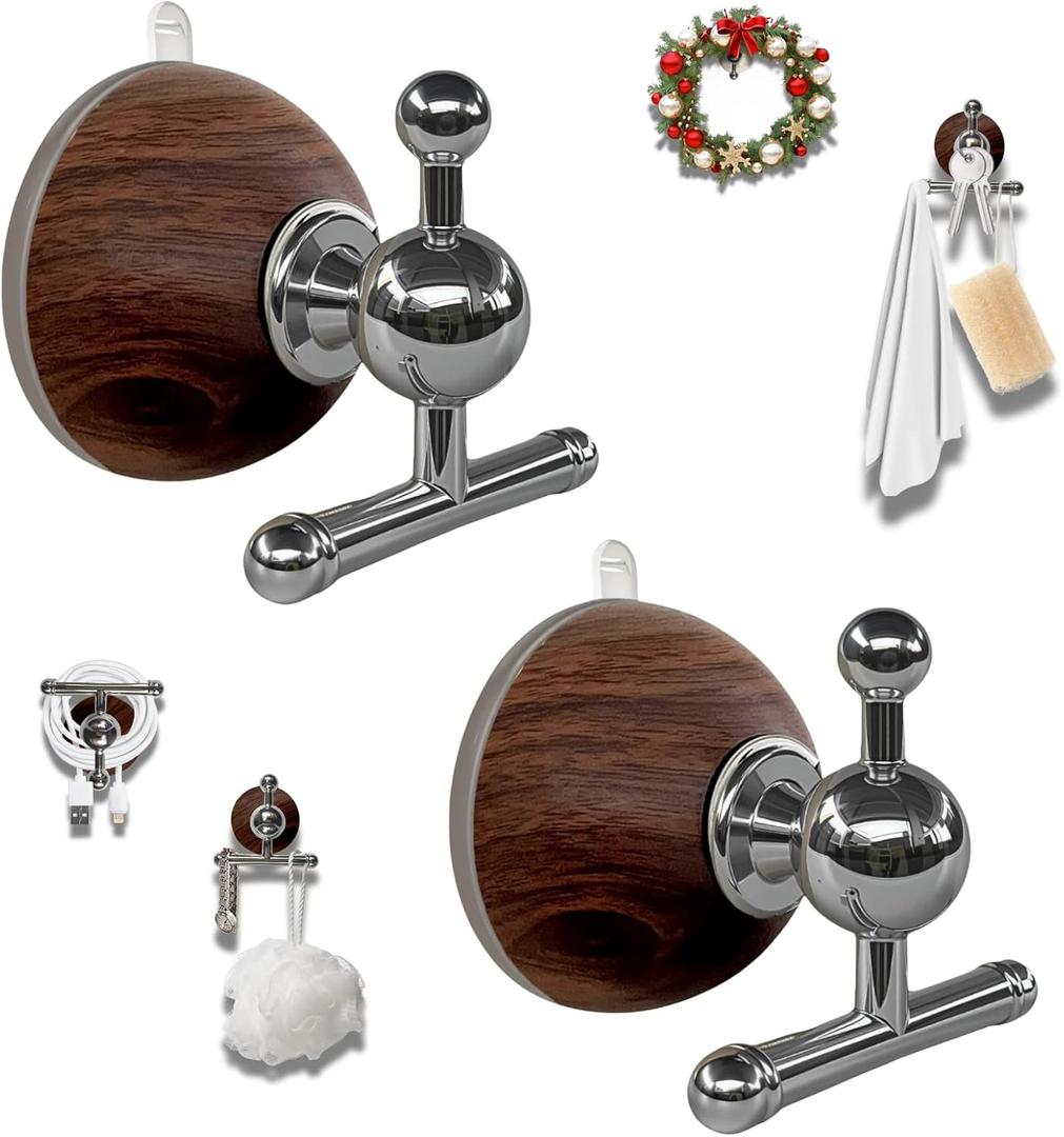 2 x T-Bar Suction Cup Hooks for Shower - Suction Cup Wreath Hanger for Front Door, Reusable, Multifunctional Hooks for Bathroom Window Door Glass Kitchen (Walnut, 2-Pack)