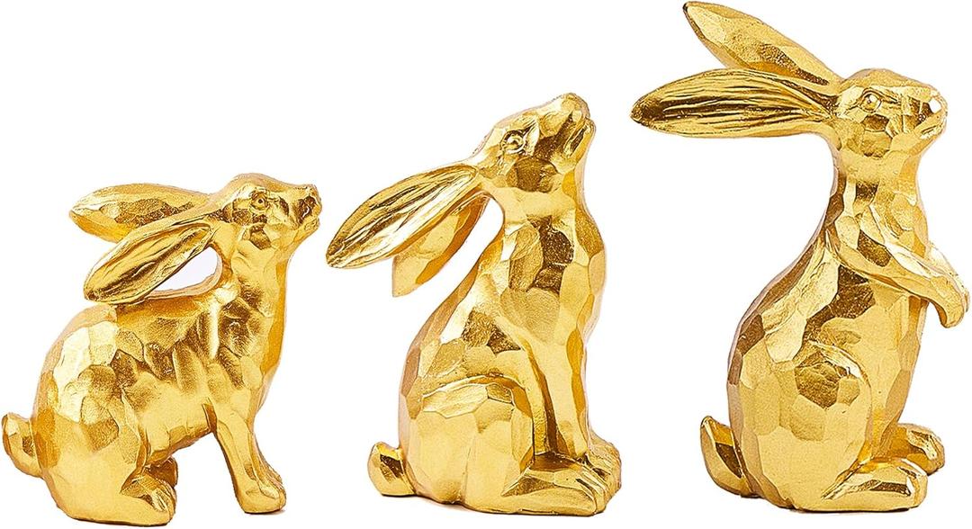 3 Gold Easter Bunny Decorations, Resin Rabbit Figurine Small Decorative Bunny Statues for Tabletop Centerpiece Indoor Spring Easter Decor Mantle Decorations