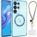 OOK Magnetic Phone Case for Samsung Galaxy S25 Ultra 6.9 Inch [Wireless Charging Compatible] Soft TPU Heart Design Shockproof Protection Electroplated Slim Case with Strap Lanyard - Blue