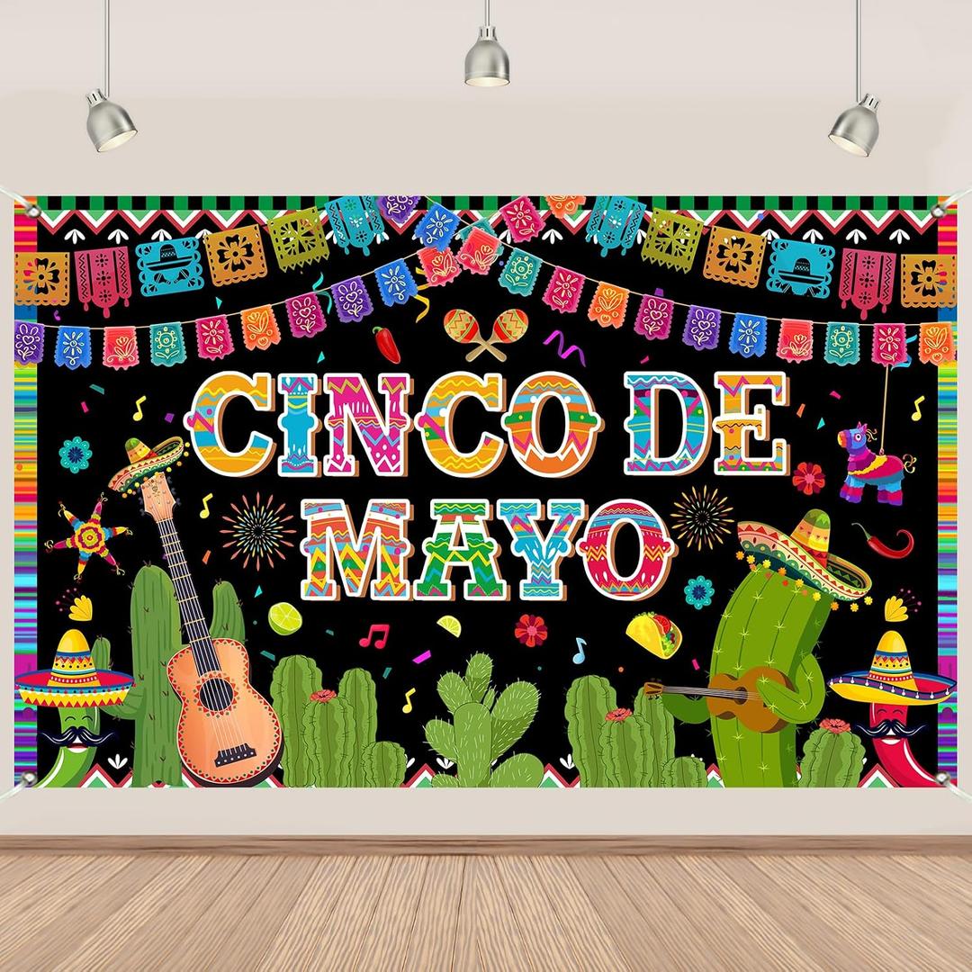 2 x Cinco De Mayo Banner Backdrop 5.9x3.6Ft Colorful Flags Mexican Fiesta Backdrop Guitar Cactus Cinco De Mayo Banner Decorations Fiesta Mexican Party Decorations Photo Props 7143inchPolyester
