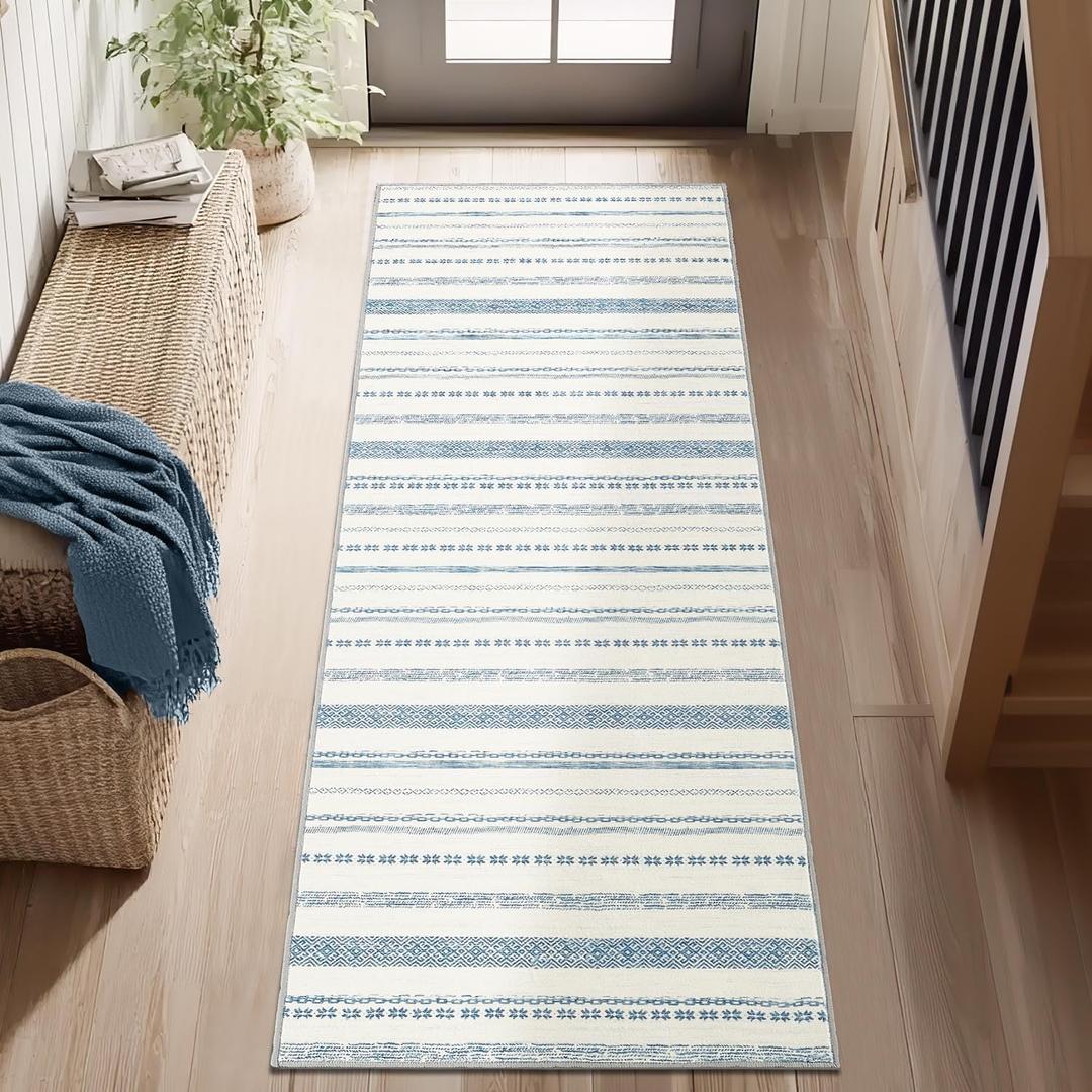 jinchan Moroccan Boho Runner Rug 2x5 - Machine Washable Non-Slip Low-Pile Soft Bohemian Runner Rug for Entryway Hallway Kitchen Bedroom Laundry Room (2x5', Blue)