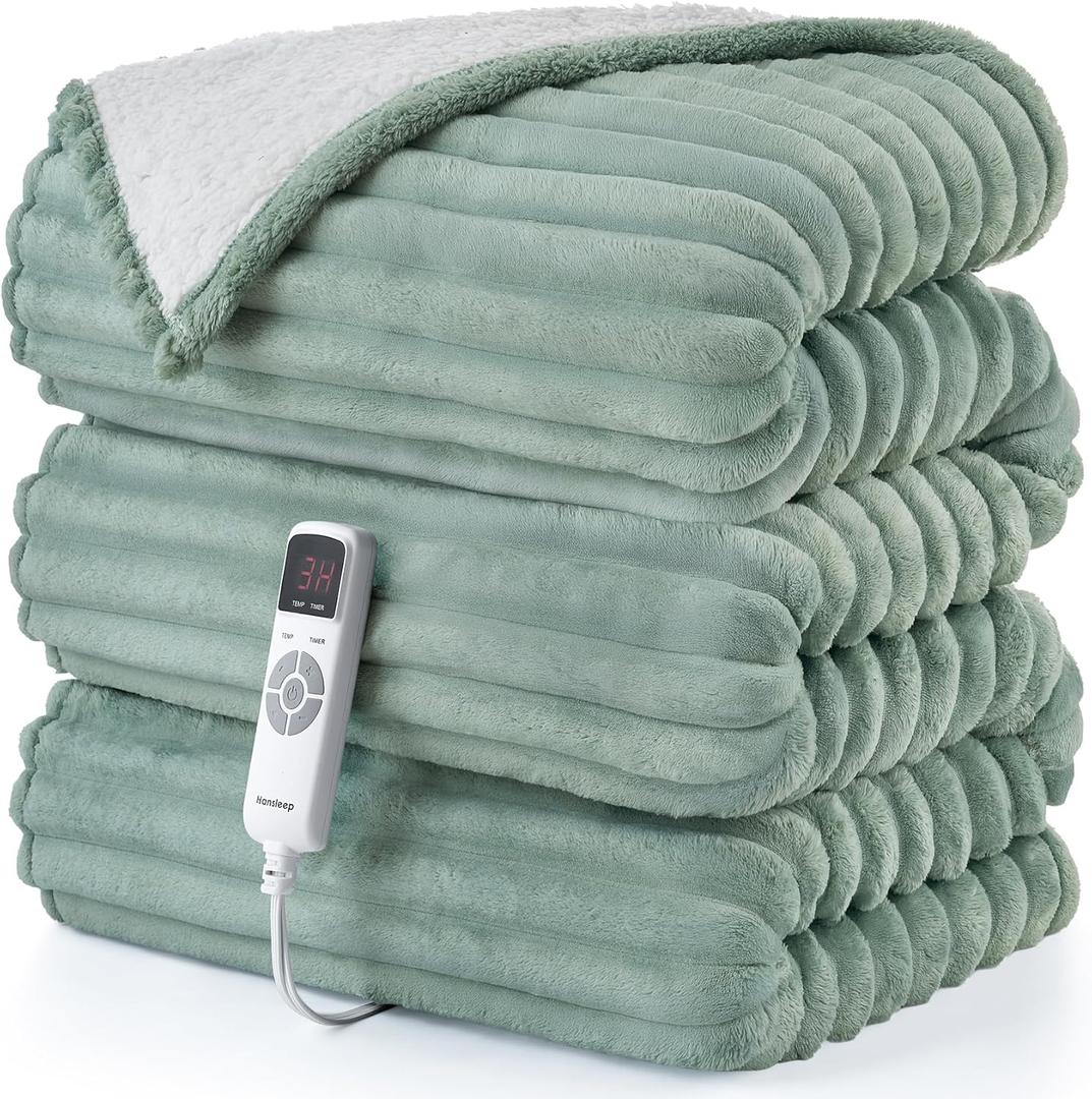 Hansleep Heated Blanket Electric Blanket Twin, Heating Blanket with 9 Heating Levels and 10-Hour Timer Auto Shut Off, Washable Soft Warm Winter Blanket, 62 x 84 Inches, Green