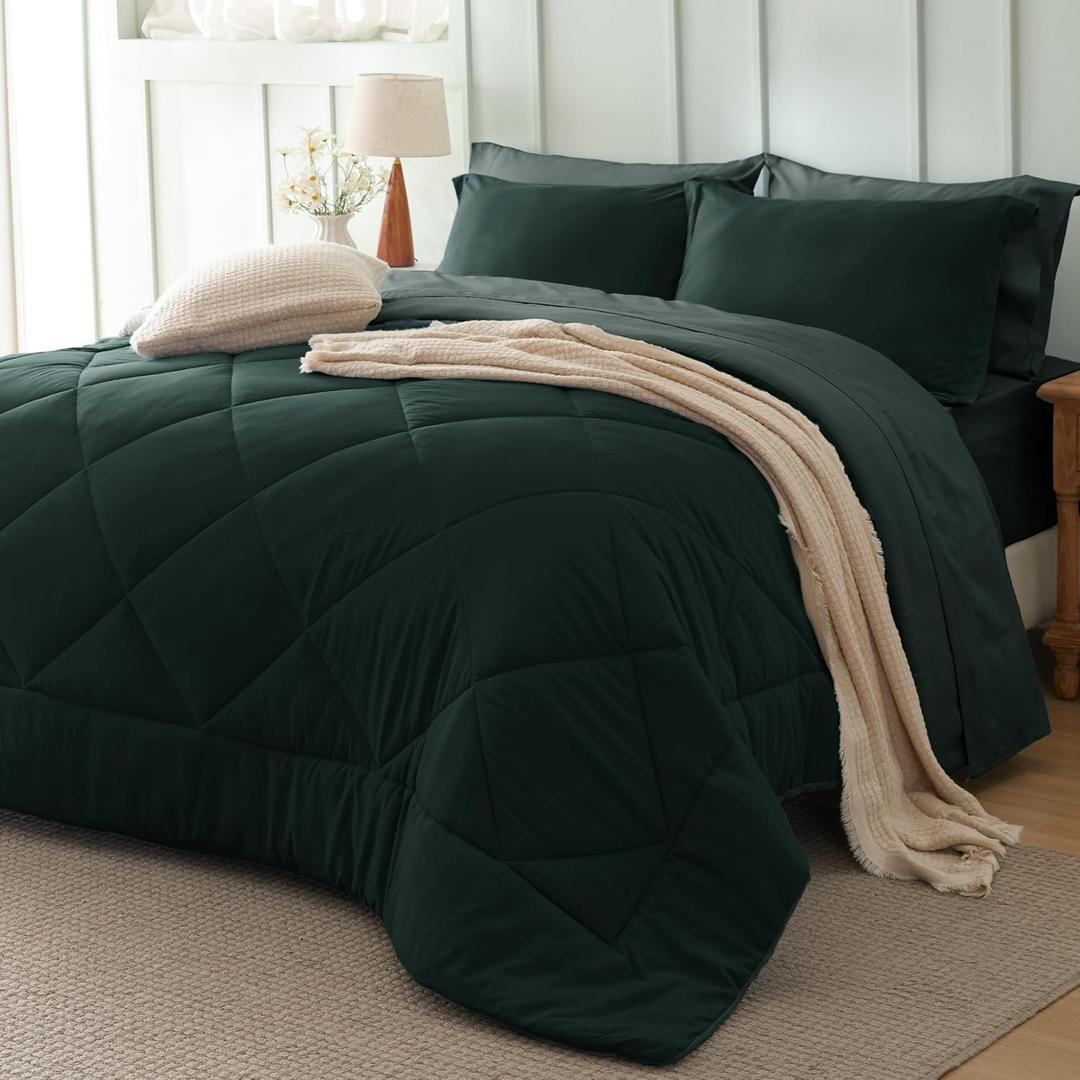 Bedsure Twin Comforter Set - 5 Pieces Reversible Emerald Green Bedding, Twin Size Bed Set for All Seasons, Bed in a Bag with Down Alternative Comforter, Sheets, Pillowcase & Sham