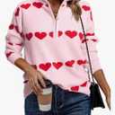 Heart Sweater for Women V Neck Valentines Sweatshirt Quarter Zip Pullover Ribbed Knitted Sweaters Loose Slouchy Tops. M