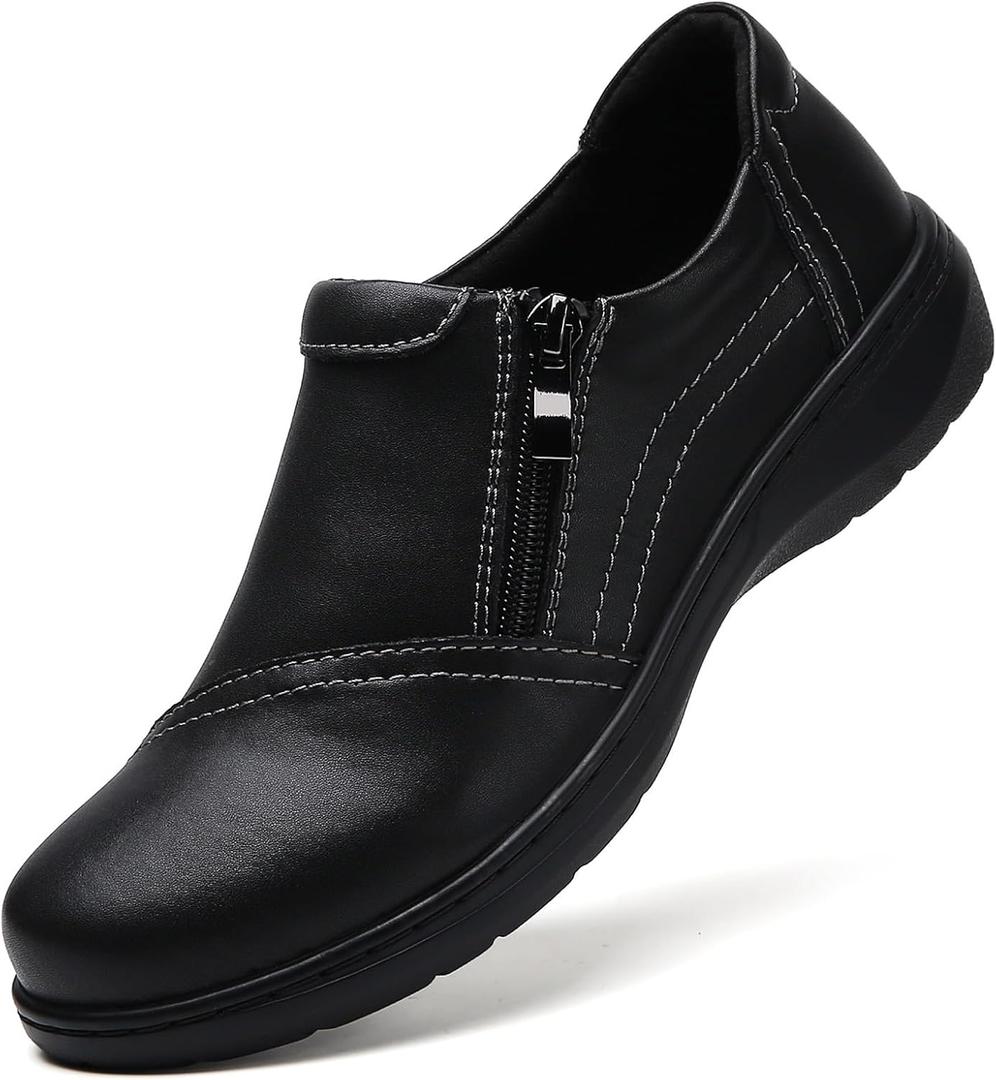 QAE Loafers for Women Comfort Women's Penny Loafers with Zipper Orthopedic Lightweight Slip-On Flats Casual Work Dressy Walking Business Shoes (10, Black)