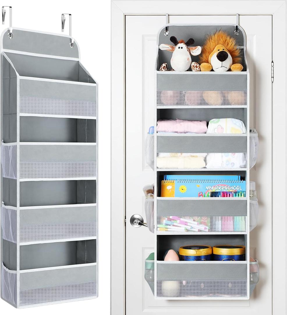 Yecaye Over The Door Organizer, Heavy Duty Hanging Organizers and Storage with 4 Large Capacity Pockets, Swing-Proof Behind The Door Storage for Bathroom Nursery Bedroom Dorm Closet, Grey,1Pc