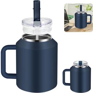 40oz Tumbler with Handle, Double Wall Vacuum Insulated Stainless Steel Tumbler, Leak Proof Water Bottle with Straw and Lid, Travel Mug Cup Keep Drinks Cold Hot (Dark Blue)