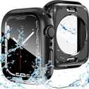 Goton 2 in 1 Waterproof Case for Apple Watch Series 9 8 7 Screen Protector 45mm, 360 Protective Glass Face Cover Hard PC Bumper + Back Frame for iWatch Accessories 45 mm (Black)
