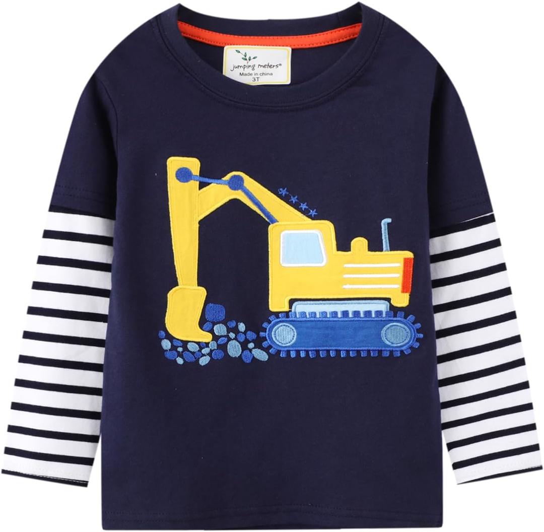 Toddler Baby Boy T-Shirt Long Sleeve Excavator Tops Crew Neck Kids Striped Patchwork Fall Infant Tees 2T