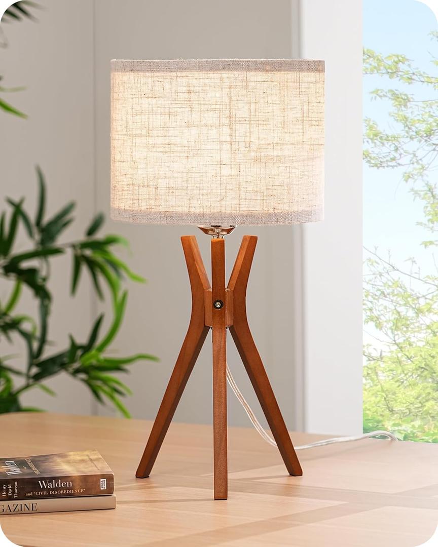 EDISHINE Mid Century Table Lamp, 17.5" Tripod Bedside Lamp with Deep Wood Color Light Base & Beige Linen Lampshade, Nightstand Lamp for Bedroom, Living Room, Reading Room, E26 Base White