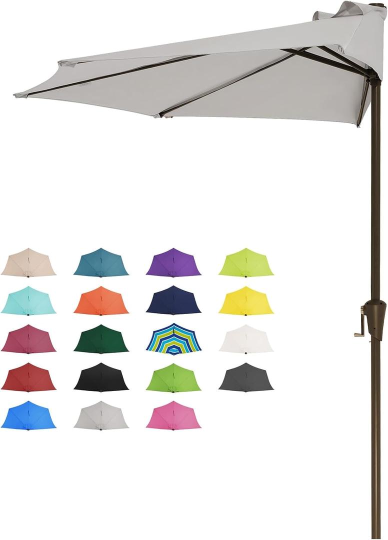 JEAREY 9ft Half Umbrella Outdoor Patio Umbrella Market Umbrellas with Crank, 1/2 Round Wall Umbrella 5 Sturdy Ribs UV Protection for Pool Garden Balcony Deck, Foggy Gray