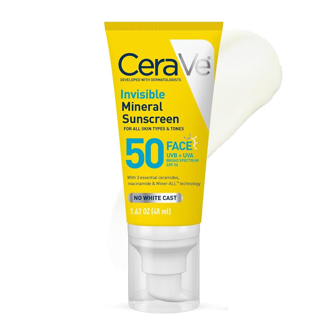 CeraVe Invisible Mineral Sunscreen SPF 50, Face Sunscreen for Sensitive Skin With Zinc Oxide & Titanium Dioxide, Vitamin E + Niacinamide + Ceramides, Oil Free, Travel Size 1.62 oz