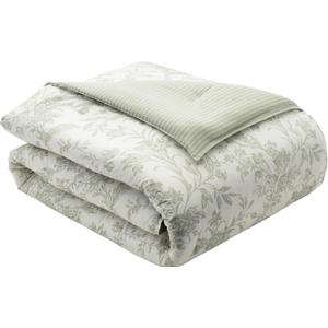 Laura Ashley Home - King Size Comforter Set, Reversible Cotton Bedding, Includes Matching Shams with Bonus Euro Shams & Throw Pillows (Natalie Sage/Off White, King)