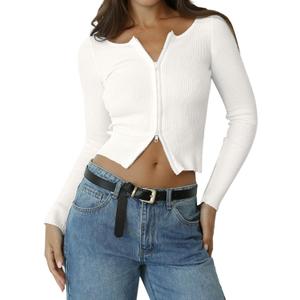 REORIA Womens Fall Trendy Double Zip Up Long Sleeve Soft Knit Lightweight Cropped Cardigan Sweaters (S, White)
