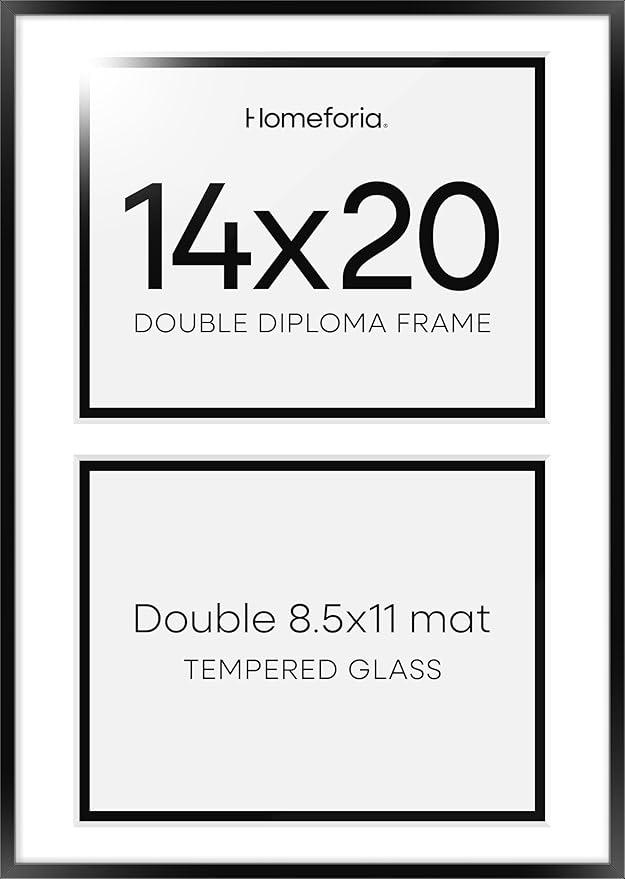 Homeforia 14x20 Double Diploma Frame Black, 14 x 20 Certificate Frames with Mat for Two 8.5 by 11 Diplomas, 20x14 Dual Award Graduation Matted Frames, Tempered Glass, Wall Kit, Set of 1((wood))