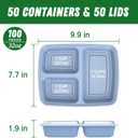 50 Pack (100-Piece) 32 oz Meal Prep Containers Reusable with Lids 3-Compartment, To Go Take Out Plastic Food Storage Containers, Sturdy Leakproof Food Safe, Microwave Freezer Dishwasher Safe, Blue