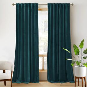 RYB HOME Teal Velvet Curtains 100 inches, Back Tab Soft Fabric Room Darkening Thermal Insulated Luxurious Home Decor Curtains for Living Room Bedroom, W 52" x L 100", 2 Panels Set
