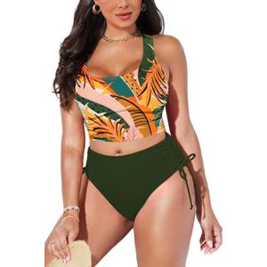 Pink Queen High Waisted Bikini Women 2 Piece Top Sporty Bathing Suit (Large, Army Green Printed)