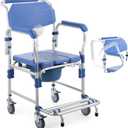 Bedside Commode Wheelchair with Drop Arms & Lockable Casters, Waterproof Aluminum Shower Chair, Anti-Tilt Foldable Footrest, Sponge Padded Seat, 330lbs Weight Capacity, 3 in 1 Bedside Commode Chair
