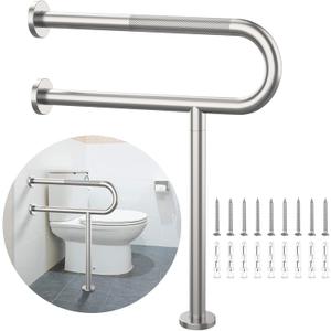 Toilet Support Rail 23.4X 28 Inch, Munzong Anti-Slip Satin Brushed Nickel Handicap Grab Bar for Bathroom, Stainless Steel Knurled Safety handrails with Leg for Elderly Disabled Pregnant-1.25’Tube