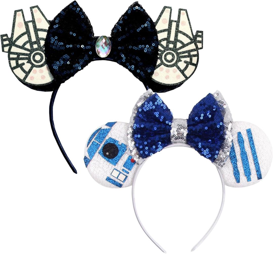 FACHPINT Mouse Ears Headbands - 2pcs Blue Ears for Boy Girl, Cute Halloween Theme Park Accessories, Sequin Christmas Party Props